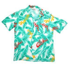 Vintage Tropically Yours Hawaiian Shirt Mens Medium Green Rayon Leaf Aloha Print